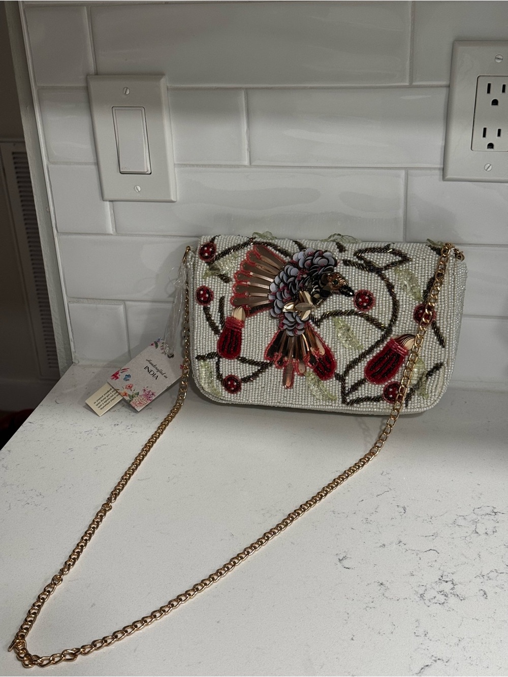 Beaded Floral & Bird Embellished Crossbody with Gold Chain Hummingbird and Seed